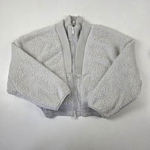 FP Movement Jacket Womens Medium Gray Sherpa Fleece Bomber Full Zip Cropped - Picture 1 of 12